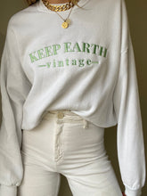 Load image into Gallery viewer, Upcycled Vintage Oversized White Long Sleeve Sweatshirt Pale Mint Green Keep Earth Vintage Logo