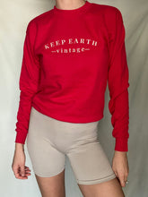 Load image into Gallery viewer, Upcycled Vintage Bright Cherry Red Sweatshirt with Beige Keep Earth Vintagen Embroidered Logo