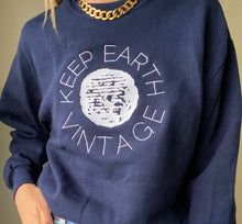 Load image into Gallery viewer, Upcycled Vintage Oversized Dark Navy Blue Long Sleeve Sweatshirt White Keep Earth Vintage Logo