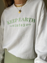 Load image into Gallery viewer, Upcycled Vintage Oversized White Long Sleeve Sweatshirt Pale Mint Green Keep Earth Vintage Logo