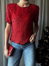 Load image into Gallery viewer, Vintage Red Silk Sequin Blouse: Beaded Short Sleeve Top Shoulder Pads