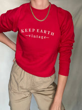 Load image into Gallery viewer, Upcycled Vintage Bright Cherry Red Sweatshirt with Beige Keep Earth Vintagen Embroidered Logo