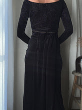 Load image into Gallery viewer, Vintage Black Velvet Rhinestone Empire Waist Long Sleeve Dress Made in USA