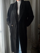 Load image into Gallery viewer, Vintage Oversized Black Wool Coat Structured Bold Shoulders Gold Lion Buttons