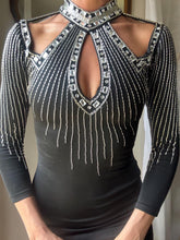 Load image into Gallery viewer, Vintage Rhinestone Embellished Black Mini Dress: 80s Glam Party Bodycon