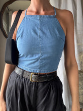 Load image into Gallery viewer, Vintage Upcycled Cotton Denim Square Neck Halter Tie Top Handmade