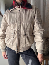 Load image into Gallery viewer, Vintage 80s Beige Bomber Jacket: Plaid Lining, Removable Hood