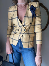 Load image into Gallery viewer, Vintage Yellow Black Plaid Blazer Padded Shoulders Petite
