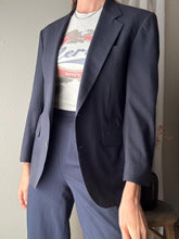 Load image into Gallery viewer, Vintage Wool Boyfriend Blazer: Dark Navy Blue with Gold Crest Buttons