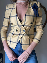 Load image into Gallery viewer, Vintage Yellow Black Plaid Blazer Padded Shoulders Petite