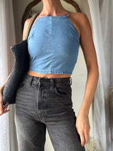 Load image into Gallery viewer, Vintage Upcycled Cotton Denim Square Neck Halter Tie Top Handmade