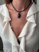 Load image into Gallery viewer, Vintage Y2K Faux Black Woven Leather with Black and Silver Pendant Statement Necklace