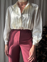 Load image into Gallery viewer, Sophisticated Vintage White Front Pleated Collared Satin Button Up Blouse