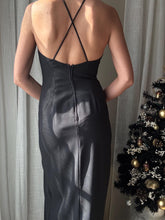 Load image into Gallery viewer, Vintage Black Halter Long Dress with Silver Embroidery and Beading Made in USA