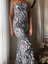 Load image into Gallery viewer, Vintage Gunne Sax Zebra Print Maxi Dress: Strapless Rhinestone Detail
