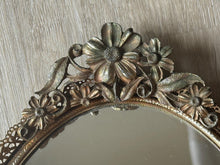 Load image into Gallery viewer, Vintage Gold Metal Oval Mirror Vanity Tray Floral Trim Detail