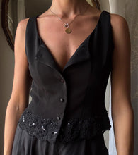 Load image into Gallery viewer, Reversible Black Cropped Tank Top: Beaded Lace Hem, Button Up