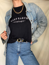 Load image into Gallery viewer, Upcycled Vintage Black Oversized Sweatshirt with White Keep Earth Vintage Embroidered Logo