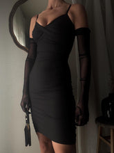 Load image into Gallery viewer, Vintage Ruched Bodycon Dress: Black Cotton Blend Spaghetti Strap
