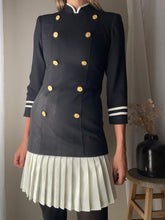 Load image into Gallery viewer, Vintage Blazer Skirt Set: Black & Gold Button, Pleated Mini Skirt
