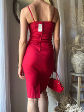 Load image into Gallery viewer, Vintage Ruched Twist Top Spaghetti Strap Body Con Fitted Cherry Red Dress NWT