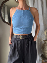 Load image into Gallery viewer, Vintage Upcycled Cotton Denim Square Neck Halter Tie Top Handmade