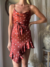 Load image into Gallery viewer, Preloved Animal Print Mini Slip Dress: Cowl Neck Ruffle Hem
