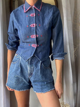 Load image into Gallery viewer, Vintage Denim Plaid Embroidered Shirt - Frog Closure - Napa Valley Petites