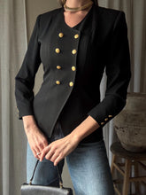 Load image into Gallery viewer, Vintage 80s 90s Black Structured Blazer Double Breasted Gold Buttons