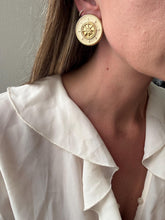 Load image into Gallery viewer, Vintage 80s 90s Large Nautical Cream Gold Ship Wheel Circle Statement Earrings