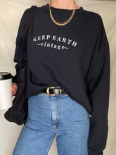 Load image into Gallery viewer, Upcycled Vintage Black Oversized Sweatshirt with White Keep Earth Vintage Embroidered Logo