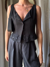 Load image into Gallery viewer, Reversible Black Cropped Tank Top: Beaded Lace Hem, Button Up