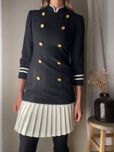 Load image into Gallery viewer, Vintage Blazer Skirt Set: Black & Gold Button, Pleated Mini Skirt