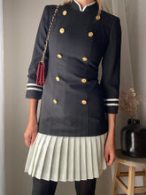 Load image into Gallery viewer, Vintage Blazer Skirt Set: Black & Gold Button, Pleated Mini Skirt