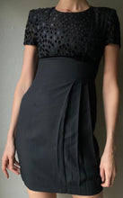 Load image into Gallery viewer, Vintage Classic Black Short Sleeve Sparkly Velvet Polka Dot Bow Empire Waist Dress Petite