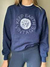 Load image into Gallery viewer, Upcycled Vintage Oversized Dark Navy Blue Long Sleeve Sweatshirt White Keep Earth Vintage Logo