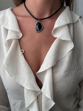 Load image into Gallery viewer, Vintage Y2K Faux Black Woven Leather with Black and Silver Pendant Statement Necklace