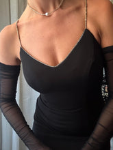 Load image into Gallery viewer, Vintage Rhinestone Strap Long Black Deep Back Dress Gown with Train Made in USA