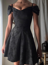 Load image into Gallery viewer, Vintage Black Floral Jacquard Dress: Off-Shoulder Fit & Flare, Made in USA