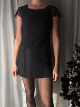 Load image into Gallery viewer, Classic Vintage Black Short Rhinestone Sheer Flutter Sleeve Crew Neck LBD Dress Lined Petite