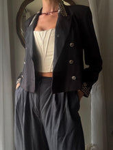 Load image into Gallery viewer, Vintage 80s 90s Cropped Black Double Breasted Blazer Gold Embellished Collar Cuff Detail
