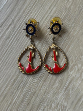 Load image into Gallery viewer, Vintage Anchor Nautical Blue Red Gold Drop Earrings