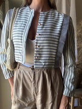 Load image into Gallery viewer, Vintage White Gray Striped Boxy Cropped Lightweight Blazer Jacket