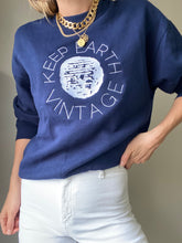 Load image into Gallery viewer, Upcycled Vintage Oversized Dark Navy Blue Long Sleeve Sweatshirt White Keep Earth Vintage Logo