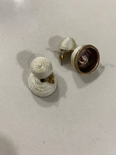 Load image into Gallery viewer, Preloved Off White Fabric and Gold Statement Drop Bell Earrings