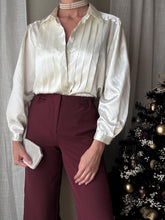 Load image into Gallery viewer, Sophisticated Vintage White Front Pleated Collared Satin Button Up Blouse