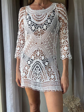 Load image into Gallery viewer, Vintage White Crochet Boho Dress Beach Cover Up Open Back