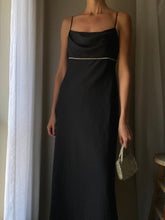 Load image into Gallery viewer, Vintage Cowl Neck Black Dress Spaghetti Straps Rhinestone Waist Made in USA