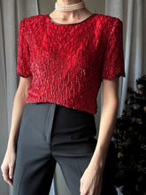 Load image into Gallery viewer, Vintage Red Silk Sequin Blouse: Beaded Short Sleeve Top Shoulder Pads