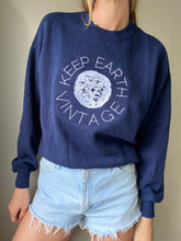 Load image into Gallery viewer, Upcycled Vintage Oversized Dark Navy Blue Long Sleeve Sweatshirt White Keep Earth Vintage Logo